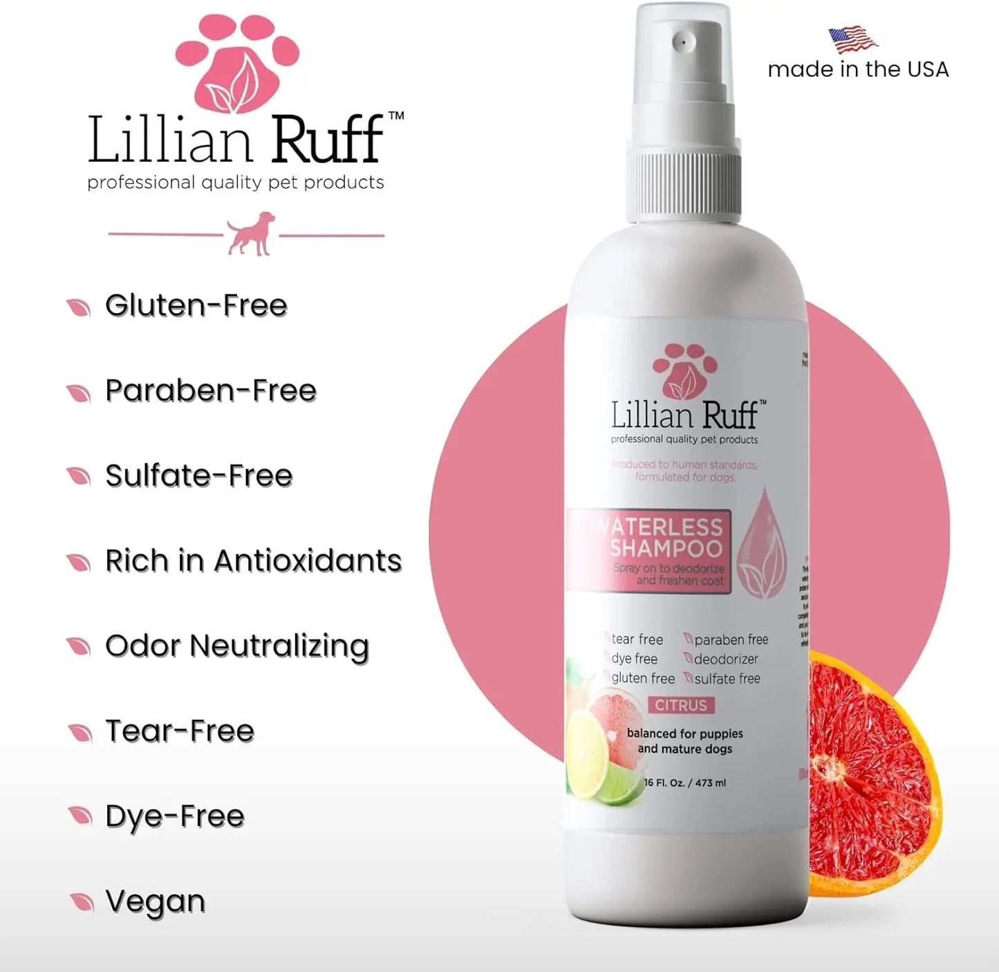 Waterless No-Rinse Dog Dry Shampoo Spray with Hydrating Essential Oils - Ph-Balanced Dry Shampoo for Dogs - Clean, Condition, Detangle & Deodorize Dry, Sensitive Skin (Citrus)