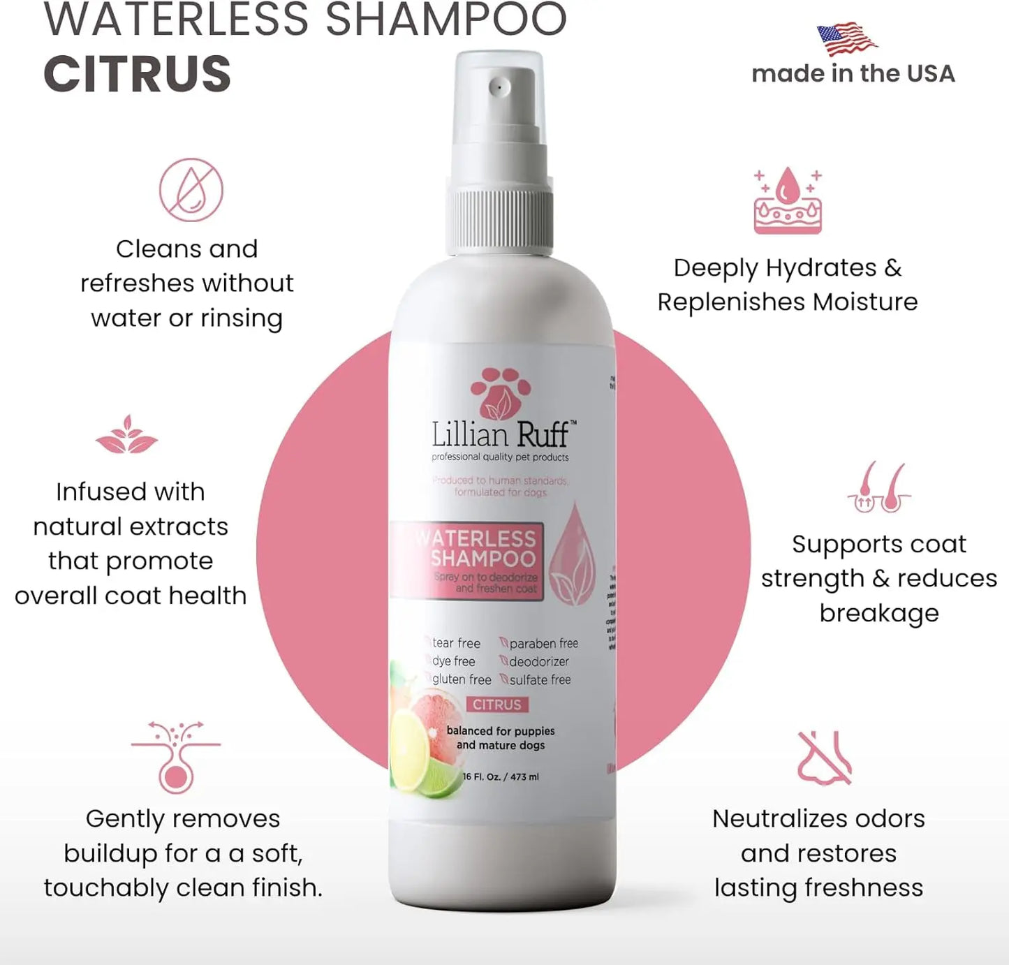 Waterless No-Rinse Dog Dry Shampoo Spray with Hydrating Essential Oils - Ph-Balanced Dry Shampoo for Dogs - Clean, Condition, Detangle & Deodorize Dry, Sensitive Skin (Citrus)