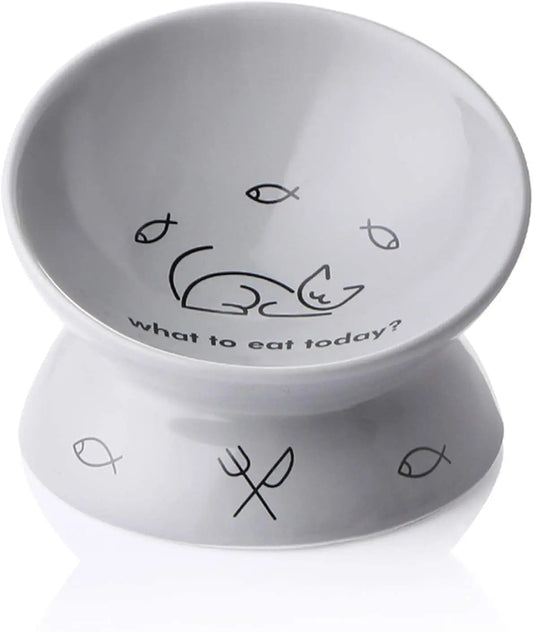 Ceramic Raised Cat Bowls, Slanted Cat Dish Food or Water Bowls, Elevated Porcelain Pet Feeder Bowl Protect Cat'S Spine, Stress Free, Backflow Prevention (Gray)