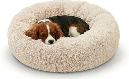 Premium Small Donut Dog Bed, Fits up to 45 Lbs, Removable Cover & Washable Cushion, Plush Long Pile Faux Fur Fabric, Portable Beige Pet Bed Furniture for Puppies Adult Canines & Cats