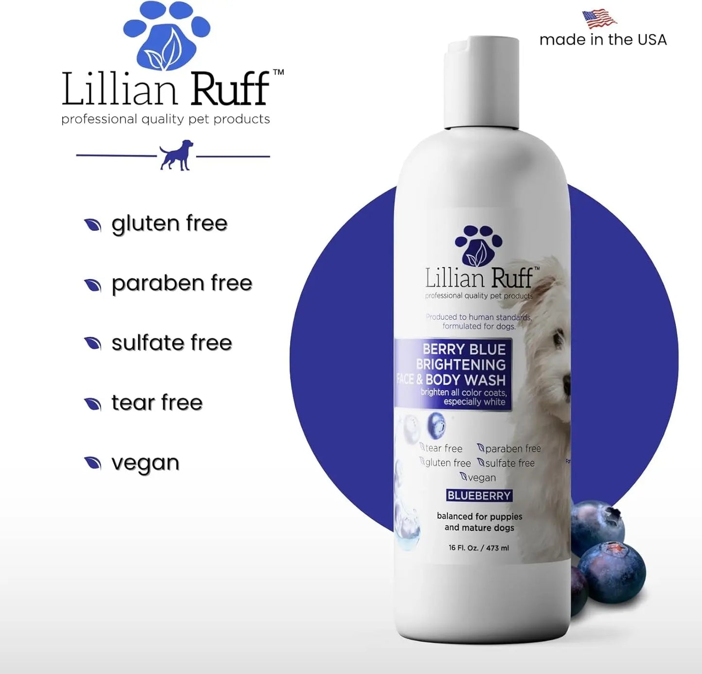 PRO Formula Berry Blue Brightening Pet Shampoo - Ultra-Hydrating Professional Whitening Dog Shampoo, Vivid Show-Quality Coat Enhancer, Tear Stain & Odor Eliminator with Provitamin B5 16Oz