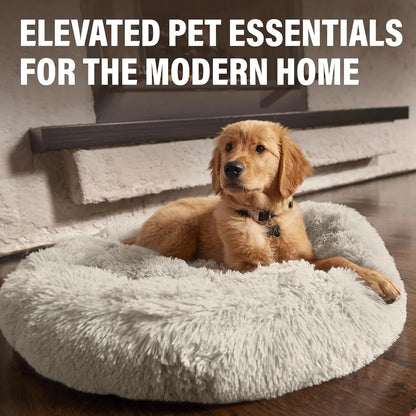 Premium Small Donut Dog Bed, Fits up to 45 Lbs, Removable Cover & Washable Cushion, Plush Long Pile Faux Fur Fabric, Portable Beige Pet Bed Furniture for Puppies Adult Canines & Cats