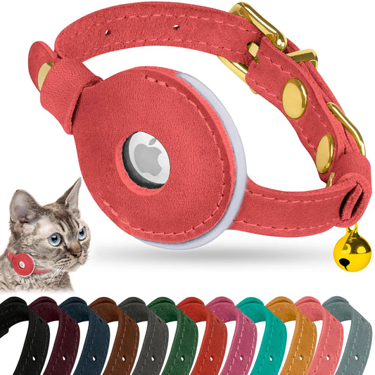 OOPSDOGGY Reflective Leather AirTag Cat Collar with Bell - Non Breakaway Adjustable Pet Collar with Apple Air Tag Holder - Lightweight GPS Kitten Collars for Small Dogs Puppy (Pink) PurrBurr