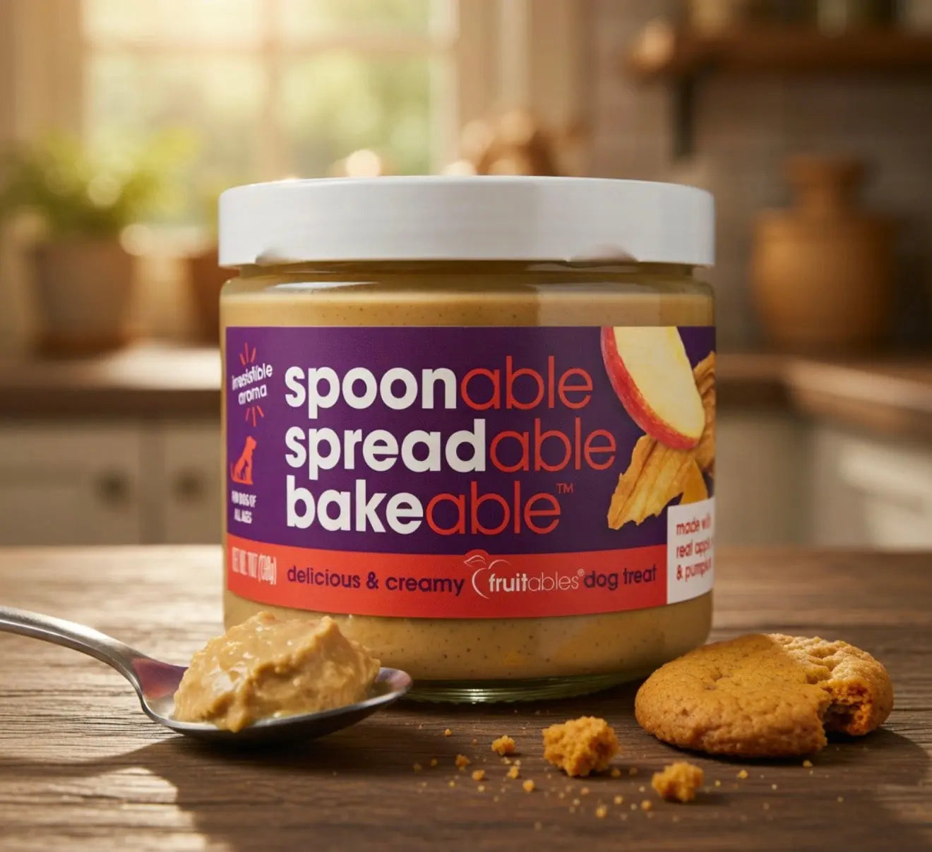 Fruitables Spreads – Spreadable Dog Treat – Bakeable Dog Treat – Real Apple & Pumpkin – Human-Grade 100% Natural Ingredients – Great for All Dogs – 7 Ounces PurrBurr